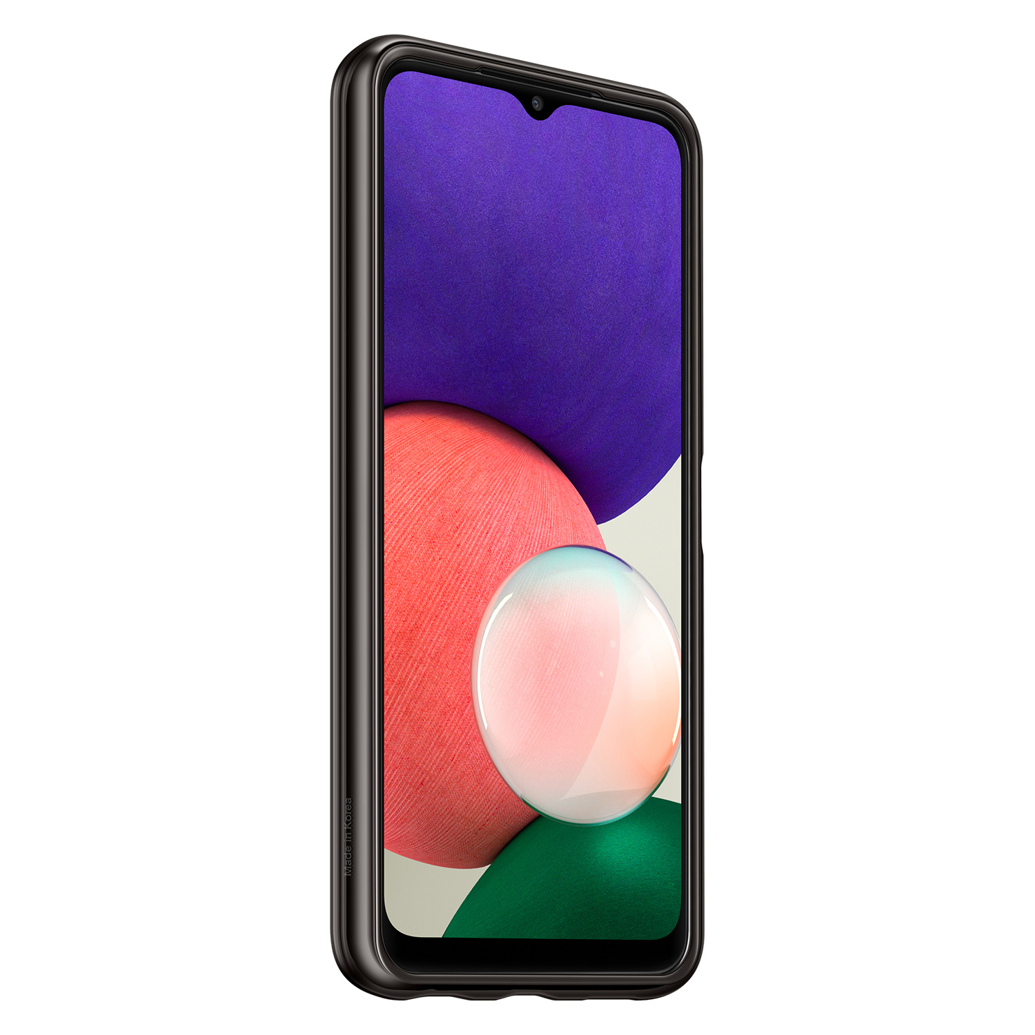 Czarny smartfon z kolorowym tłem i różową, białą i fioletową grafiką.
