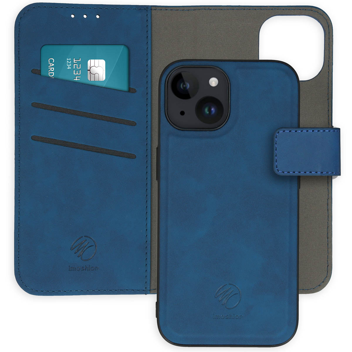 Blue phone case with a card slot and a phone inside. The case is open, showing the card and the phone.