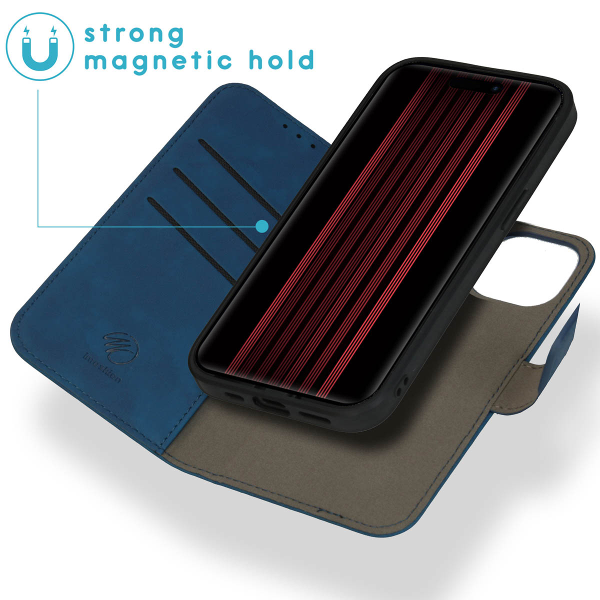 Blue phone case with strong magnetic hold. Phone is black and red.