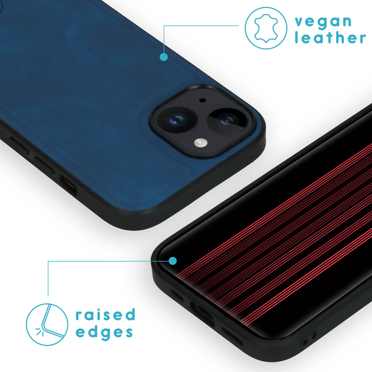 A phone case and a phone. The case is vegan leather, with raised edges, and is blue. The phone is black.
