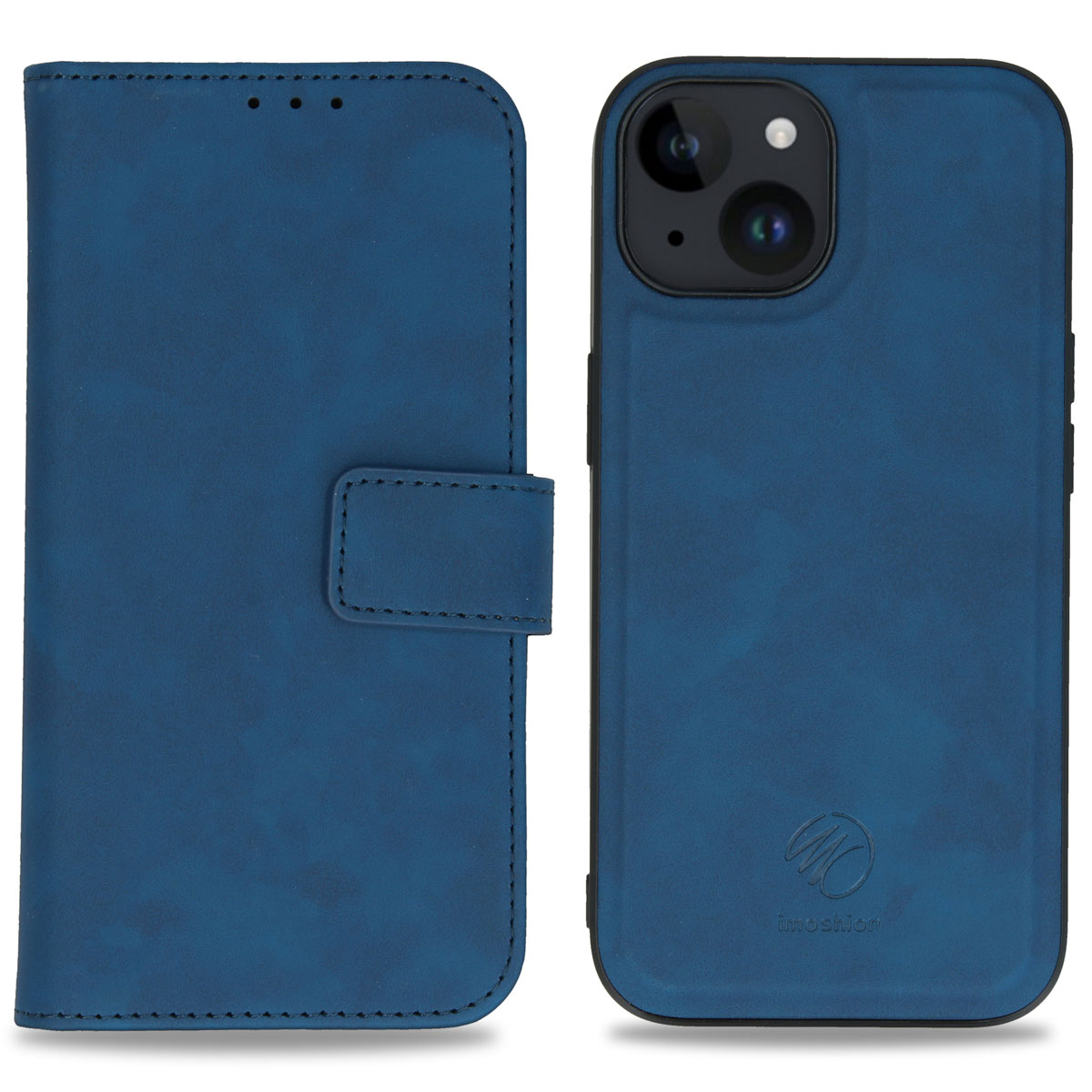 Blue phone case, open. Shows phone and the case's features. Has a magnetic closure.