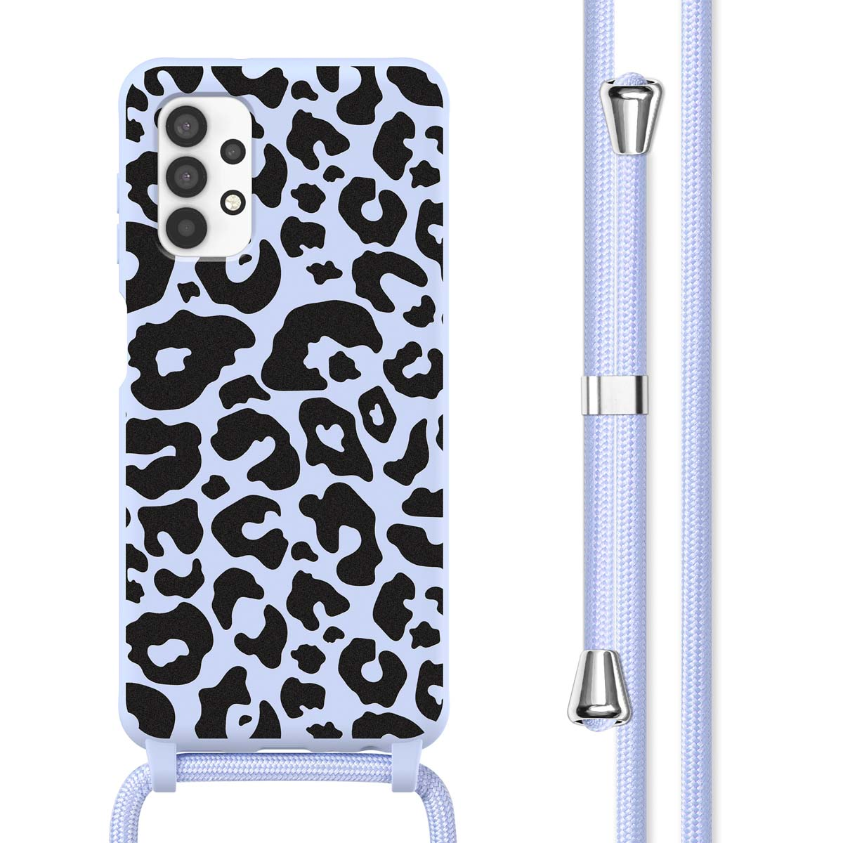 Telefoonhoesje, lichtblauw met zwarte luipaardvlekken en een lichtblauwe band. Tekst: Luipaardprint.
