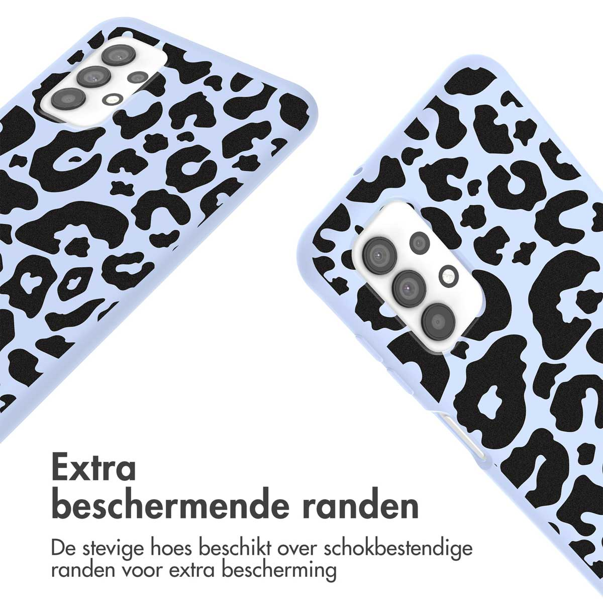 Blauwe telefoonhoes met zwart luipaardprintpatroon. Twee hoesjes worden getoond.