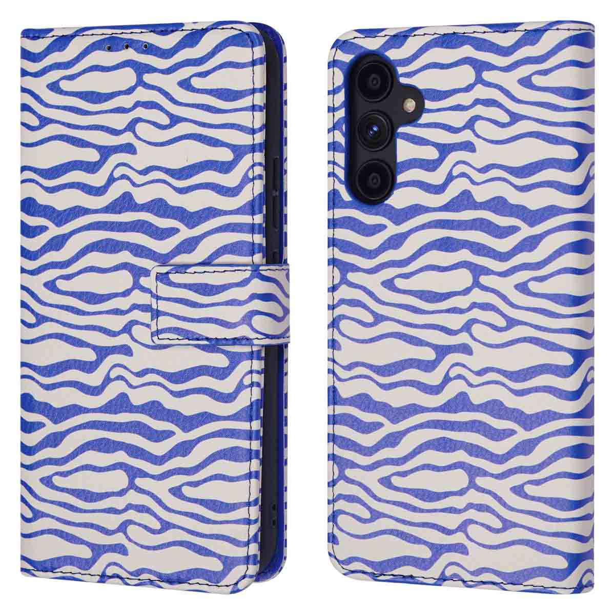 Étui de téléphone ouvert avec un imprimé zébré bleu et blanc. L'étui est ouvert, montrant le téléphone à l'intérieur.