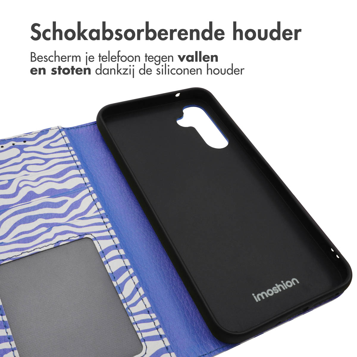 Coque de téléphone avec un motif zébré, ouverte pour montrer le téléphone et l'intérieur de la coque.