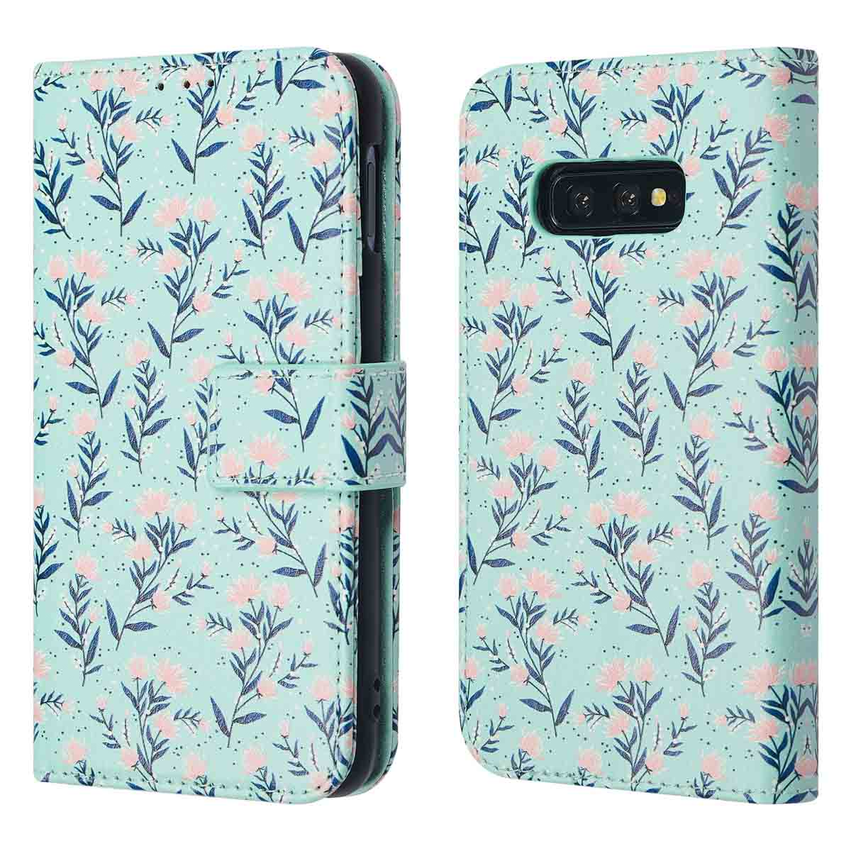 Étui de téléphone à motif floral bleu clair et rose. L'étui est fermé, montrant la face avant.