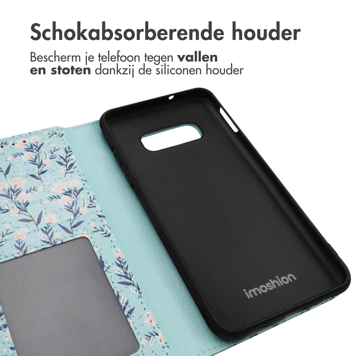 Intérieur d'étui de téléphone noir, téléphone noir et extérieur d'étui à motif floral bleu clair et rose. Logo imoshion.
