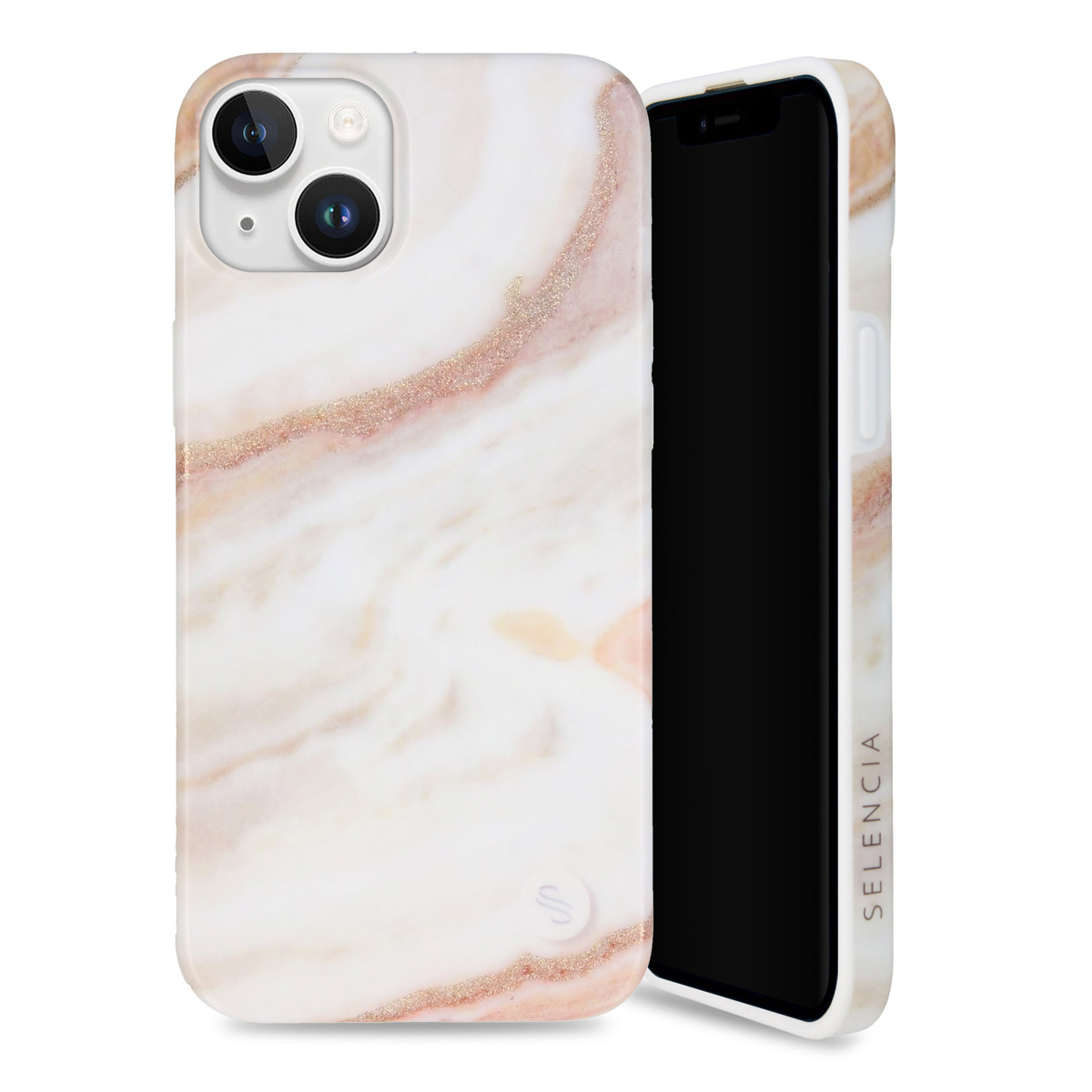Coque de téléphone en marbre blanc et rose sur fond blanc, avec un téléphone noir.