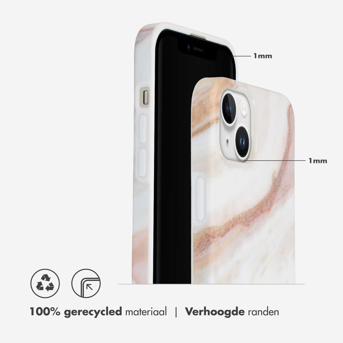 Téléphone et coque en marbre blanc. La coque a des bords surélevés. Symboles de recyclage.