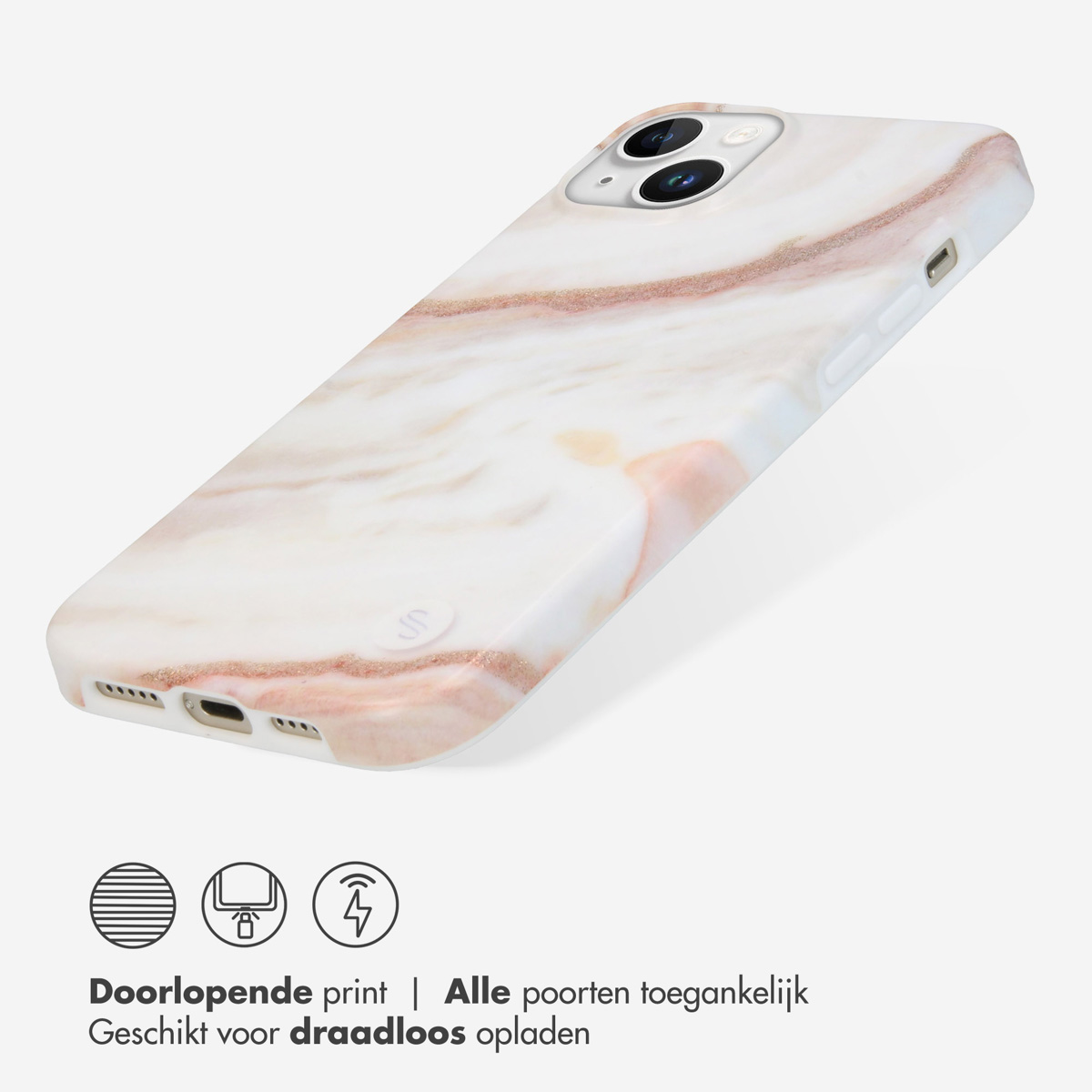 Coque de téléphone blanche avec un motif marbré, vue en angle. Le bas montre les ports de charge.