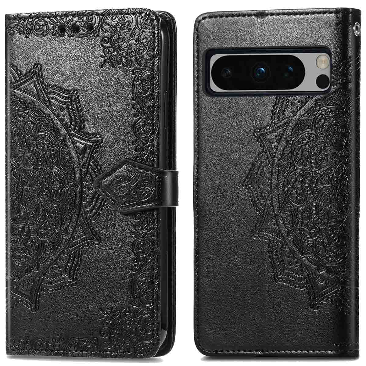 Étui de téléphone noir avec motif mandala en relief. Ouvert, montrant le téléphone, et fermé avec fermoir.