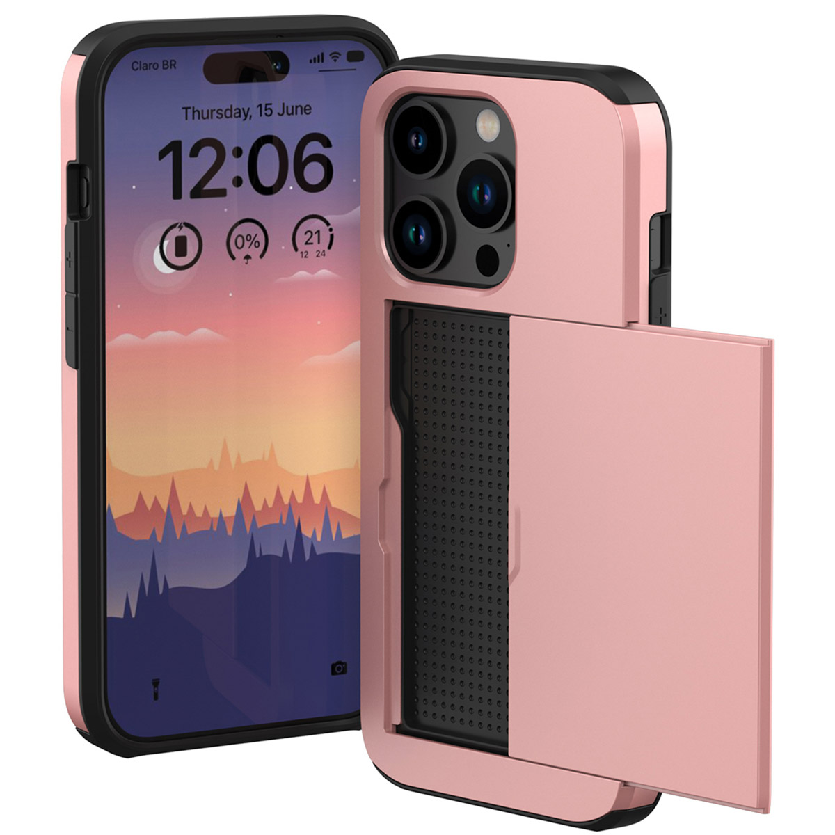 Coque de téléphone rose avec fente pour carte, affichant l'heure et la date.