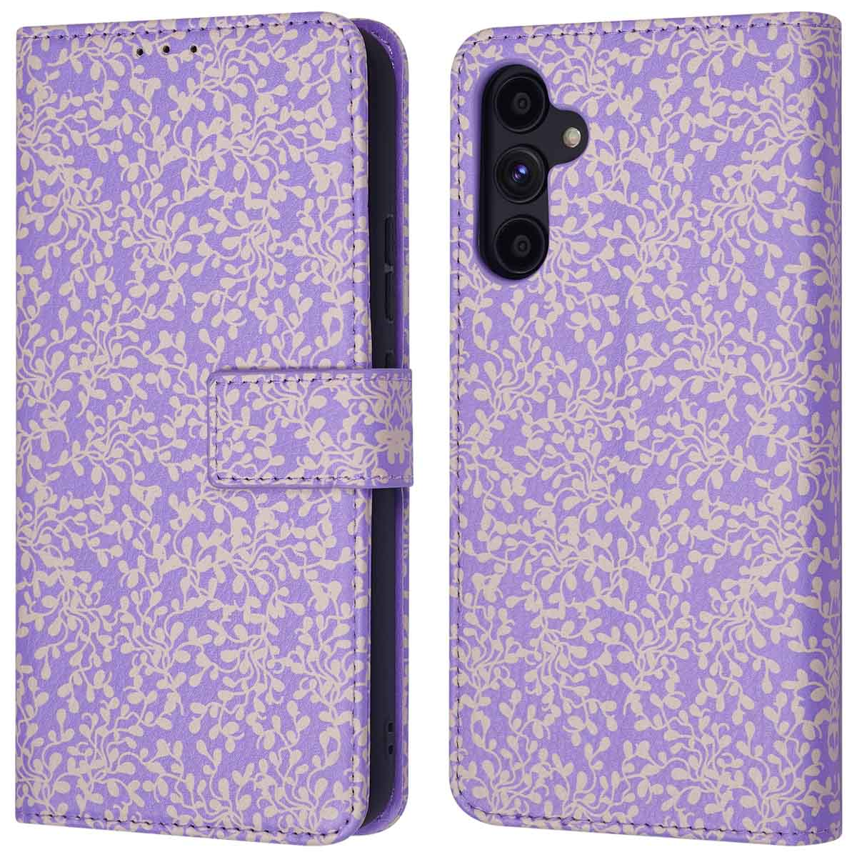 Étui de téléphone lilas avec un motif floral beige clair. L'étui est fermé, montrant la face avant.