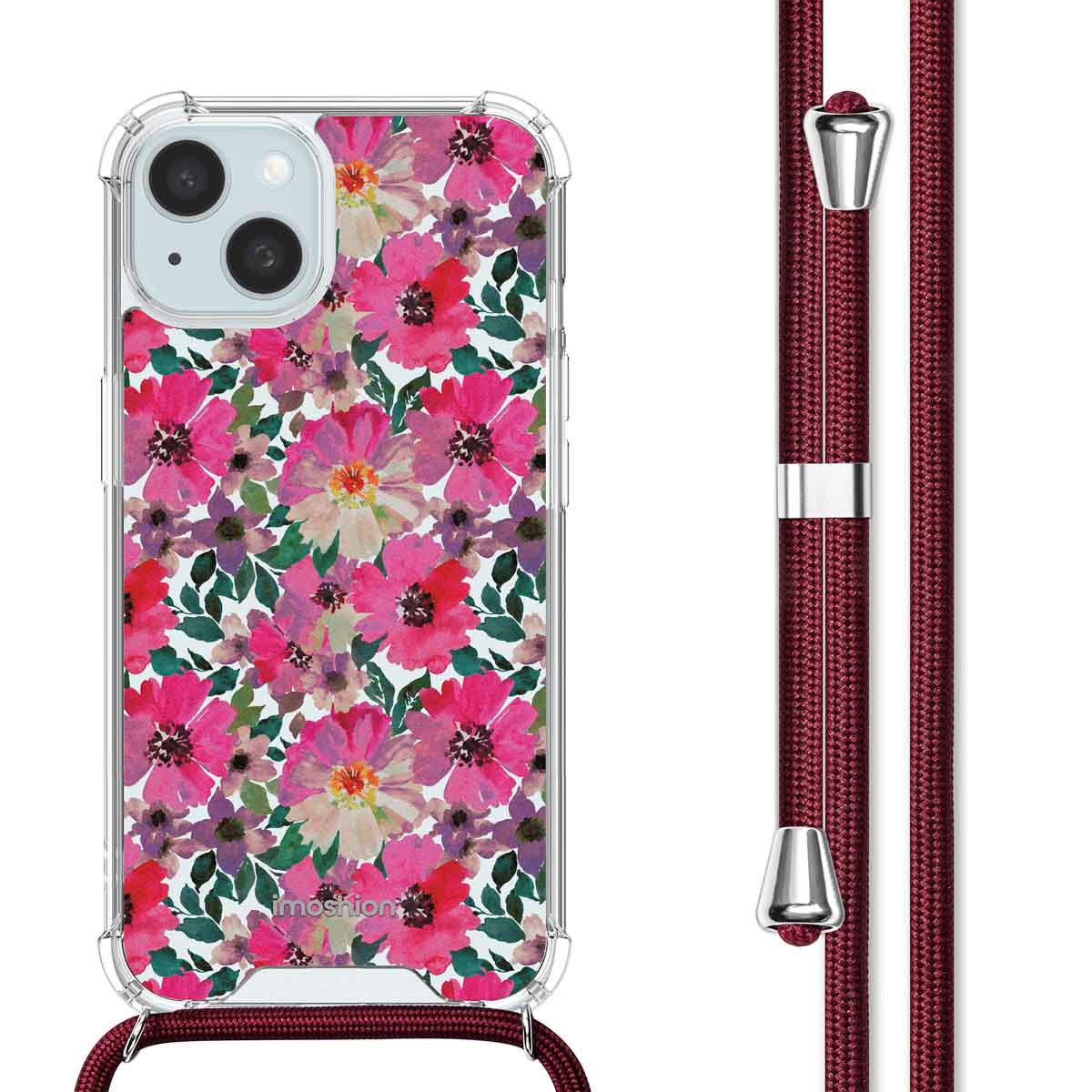 Telefoonhoesje met bloemen, rode en roze bloemen, witte achtergrond en rode koord.