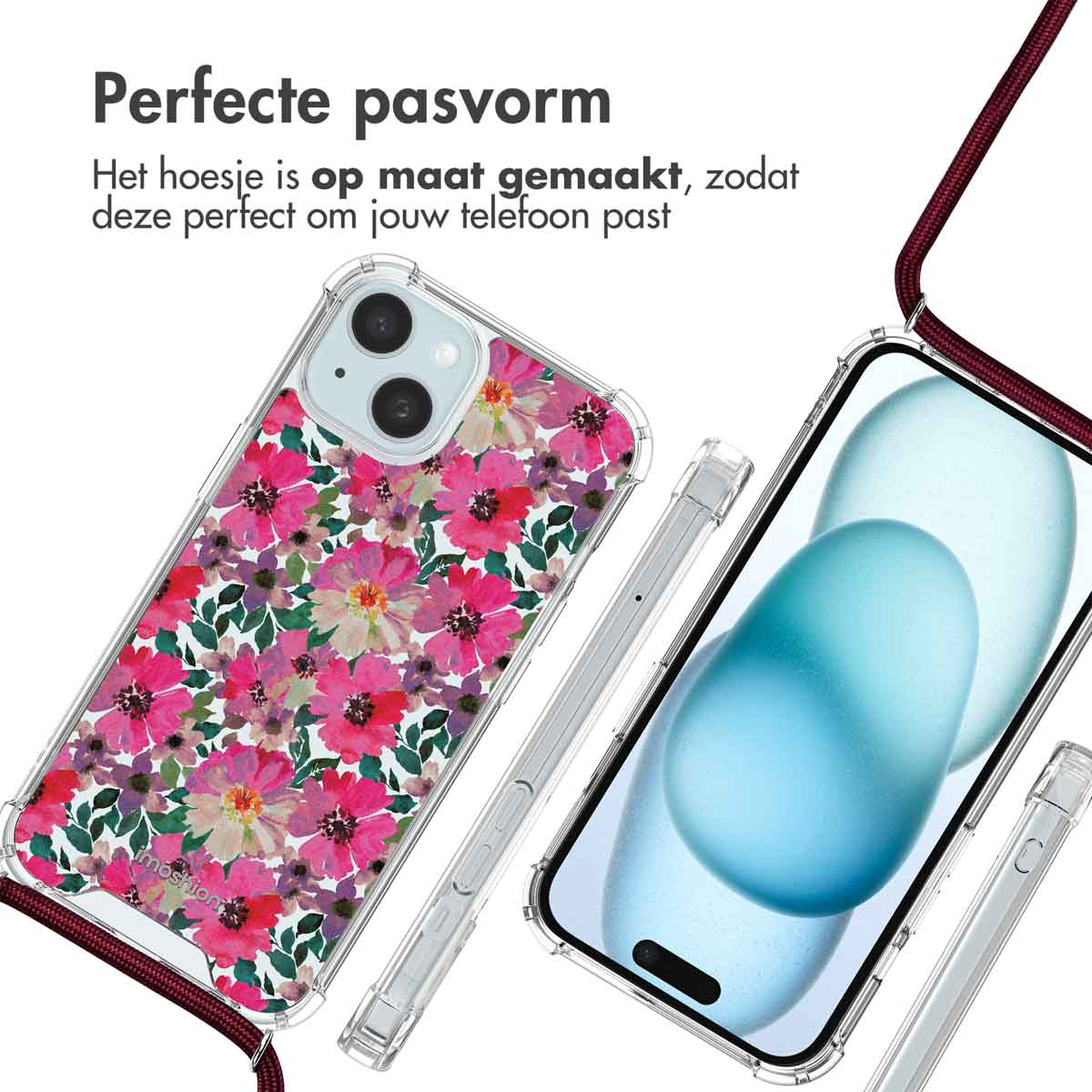 Telefoonhoesje met roze bloemen, in gebruik, en een telefoon met een blauw scherm.