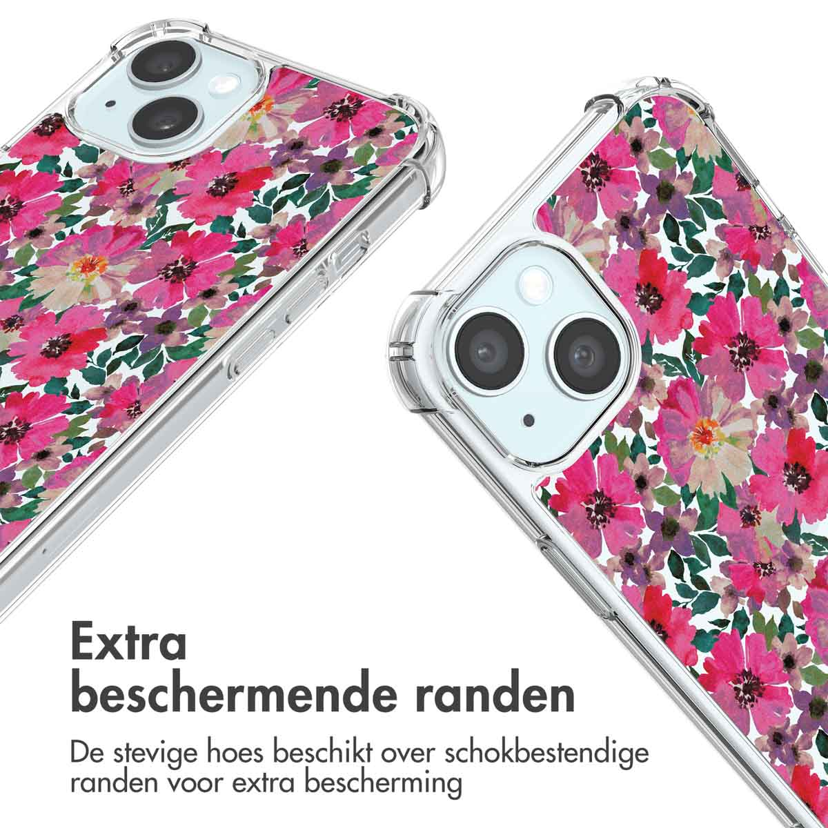 Transparante bloemen telefoonhoesje, met roze bloemen, details zichtbaar.