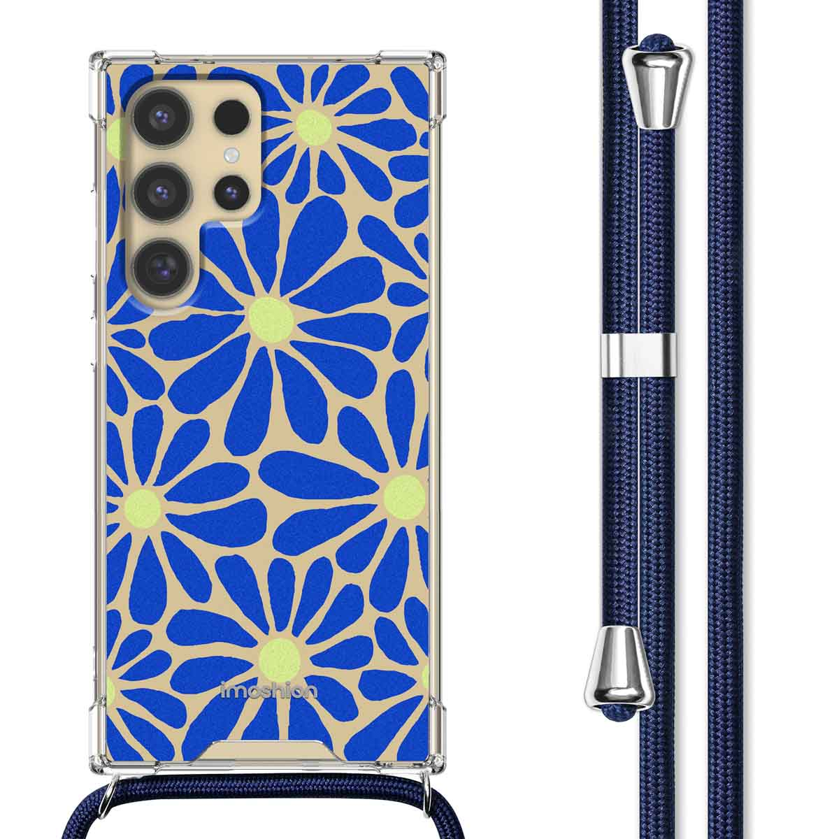 Telefoon in transparante hoes met blauw en geel bloemmotief, met koord.