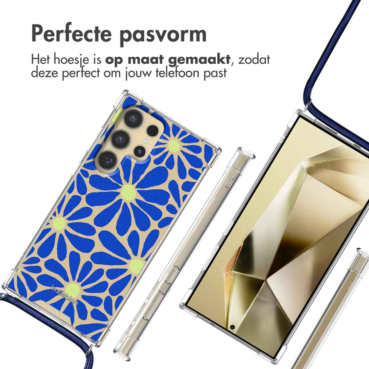 Telefoonhoesjes met bloemenontwerp, en een telefoon erin. Eén is open, de ander gesloten. Blauw madeliefpatroon.