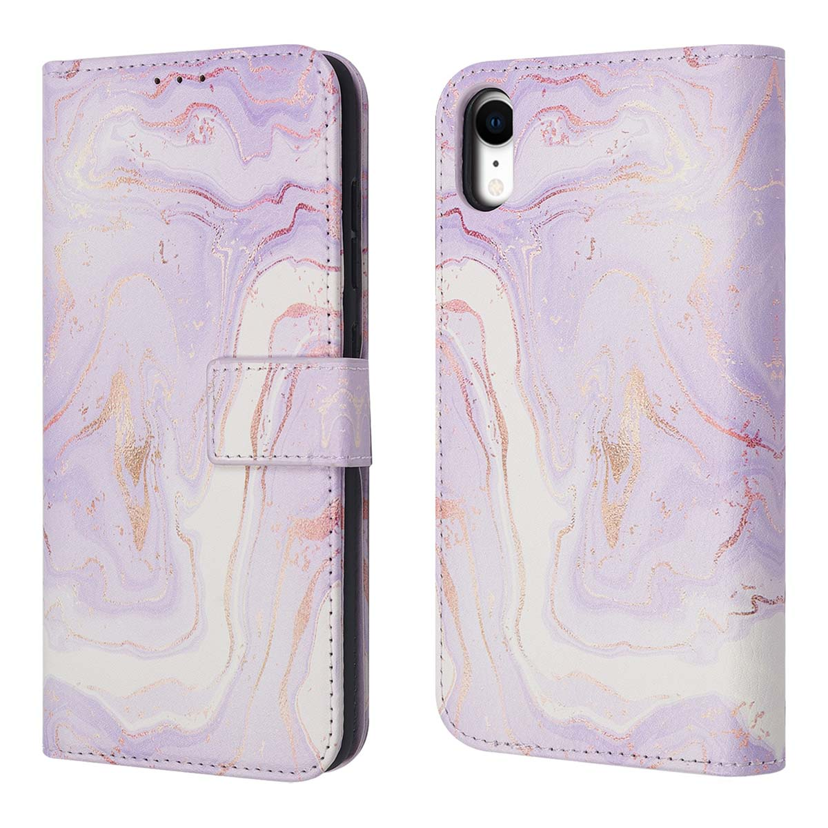 Coque de téléphone en marbre violet, ouverte et fermée, détails et fermoir.