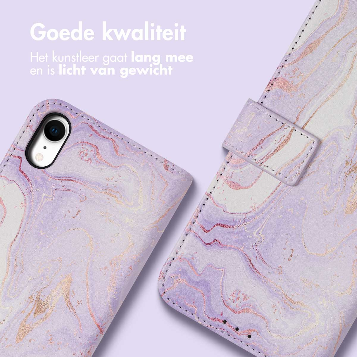 Coque de téléphone marbrée avec un téléphone à l'intérieur. L'étui est ouvert, montrant l'écran.