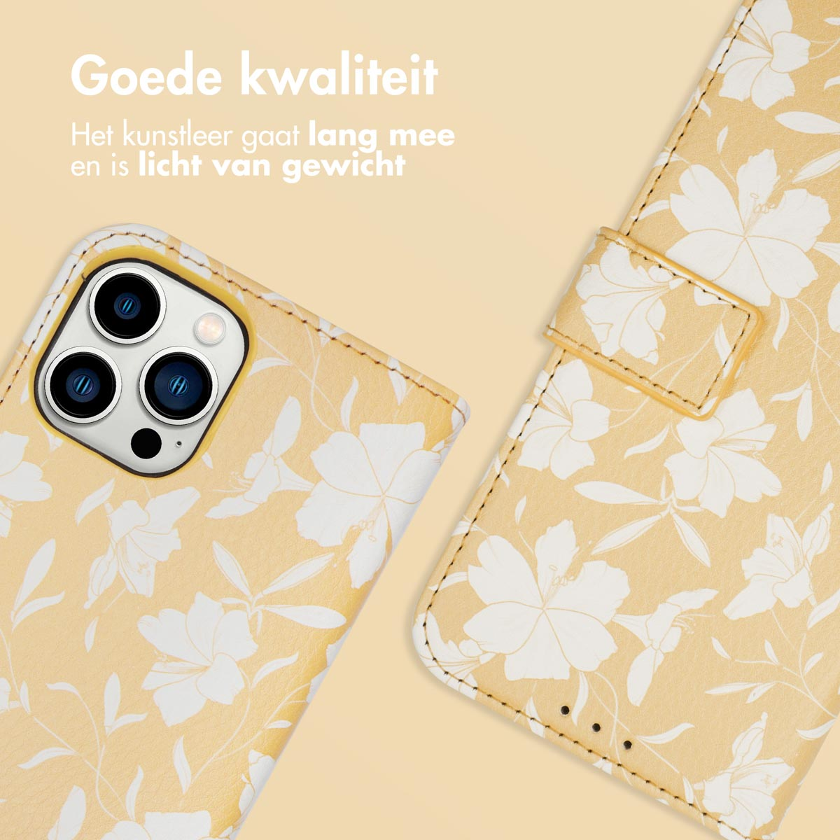 Gele telefoonhoes met wit bloemenpatroon. De hoes is open, telefoon zit erin.