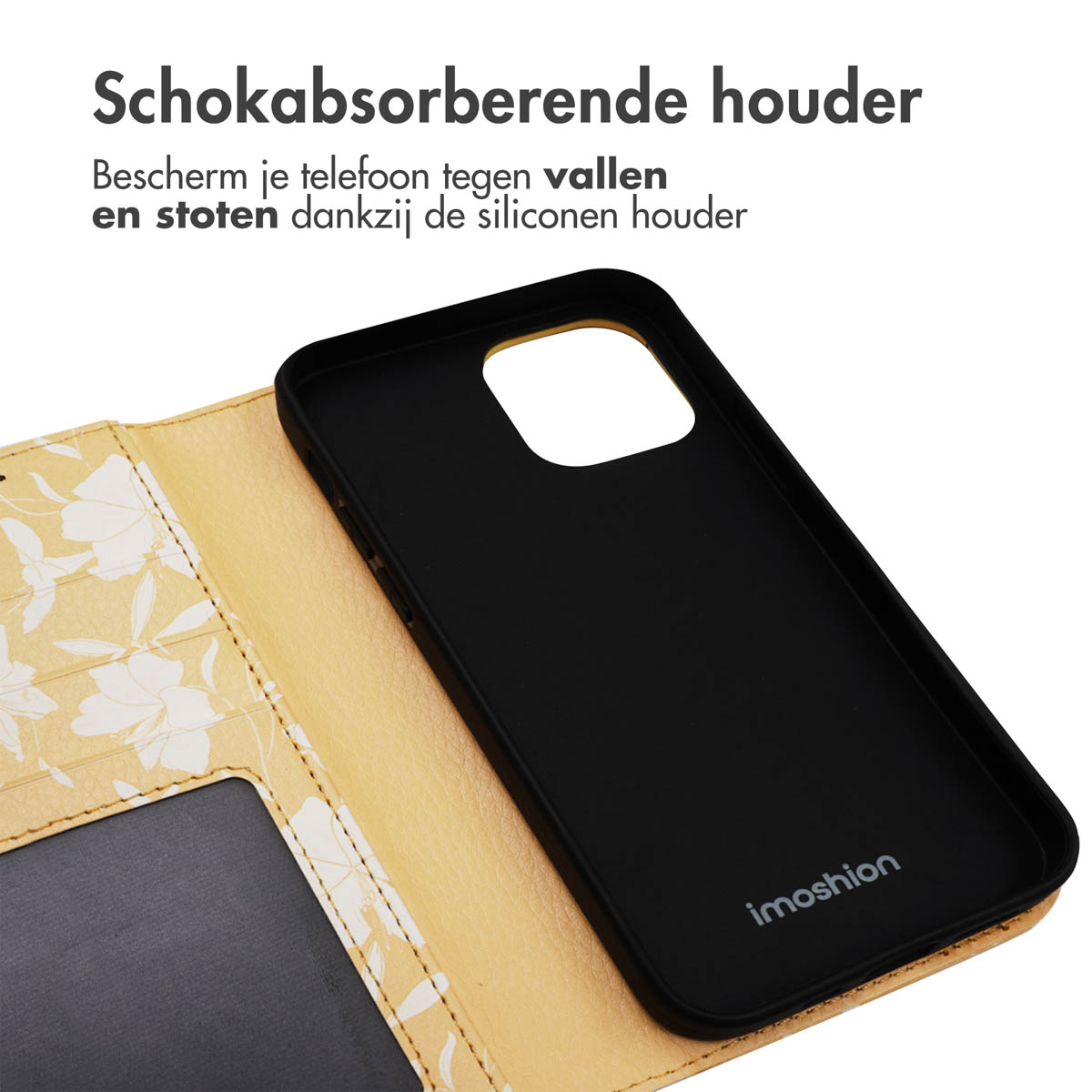 Zwarte telefoonhoes met gele portemonnee, de tekst is Schokabsorberende houder.