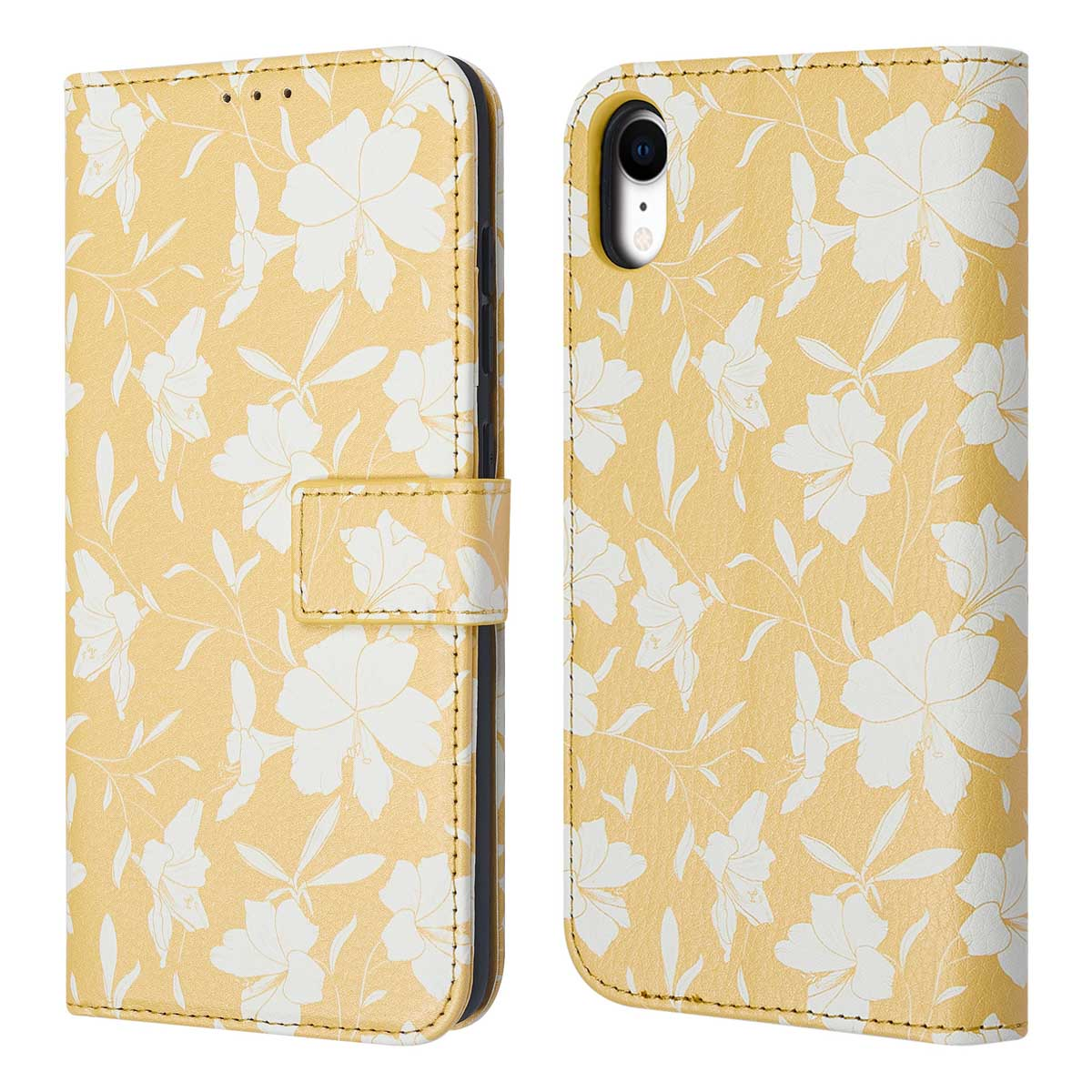 Coque de téléphone jaune avec un motif floral blanc. L'étui est ouvert, montrant le téléphone. Fond blanc.
