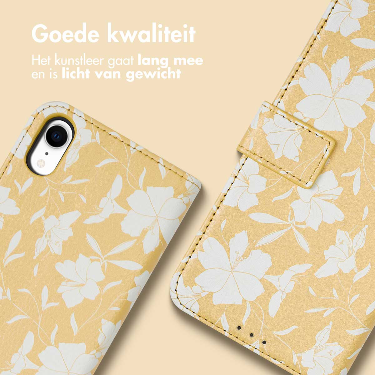 Coque de téléphone jaune avec un motif floral blanc. L'étui est ouvert, montrant le téléphone à l'intérieur.