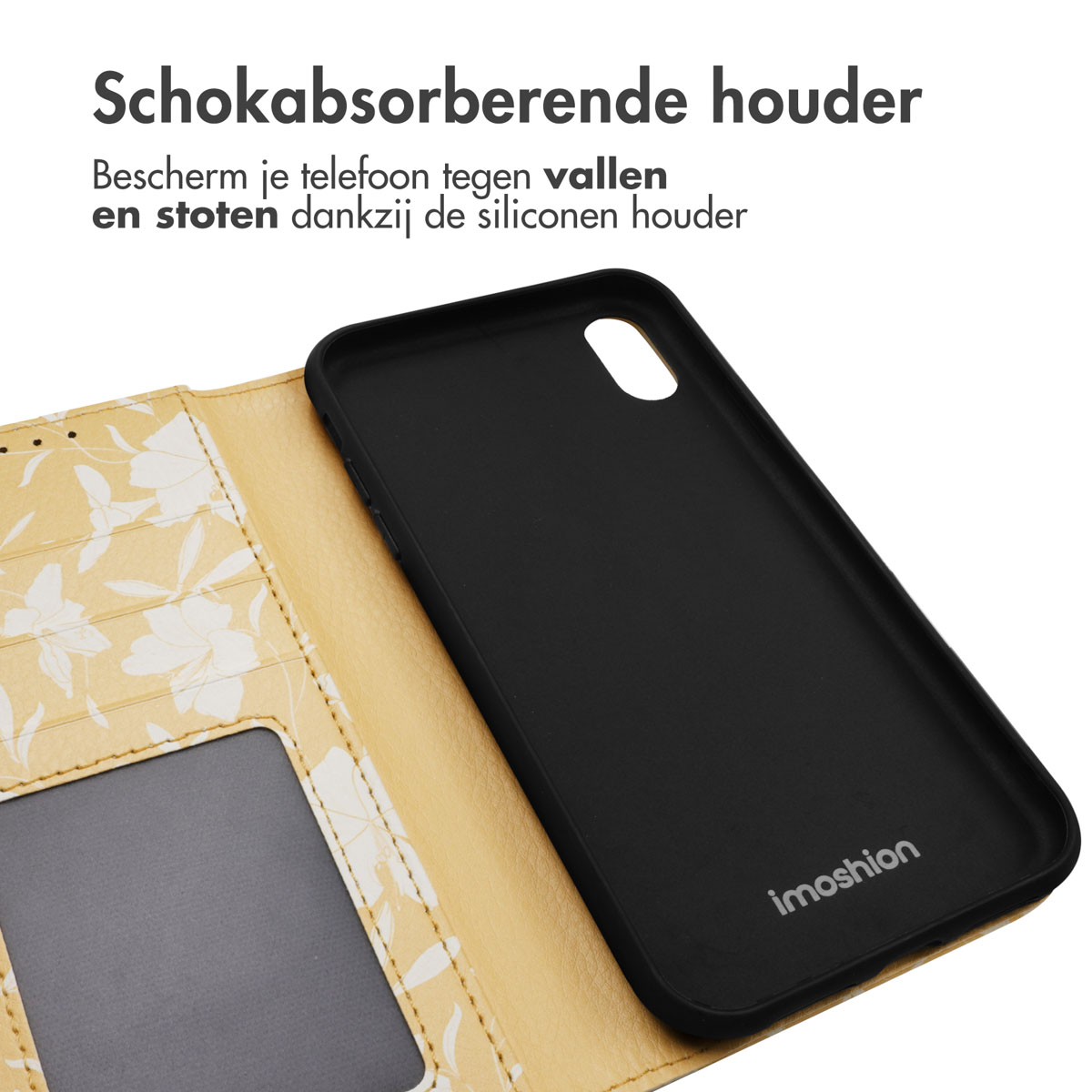 Étui noir avec téléphone. Intérieur floral jaune et extérieur noir.