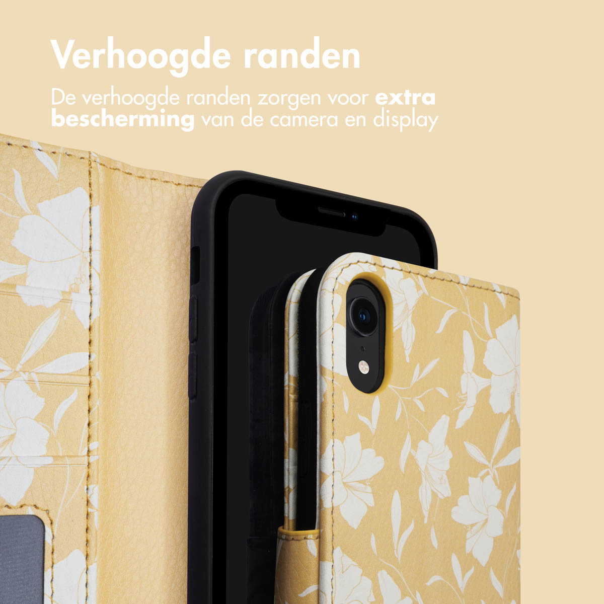 Étui de téléphone jaune ouvert, montrant le téléphone. Motif floral blanc, fond jaune. Texte : Bords surélevés.