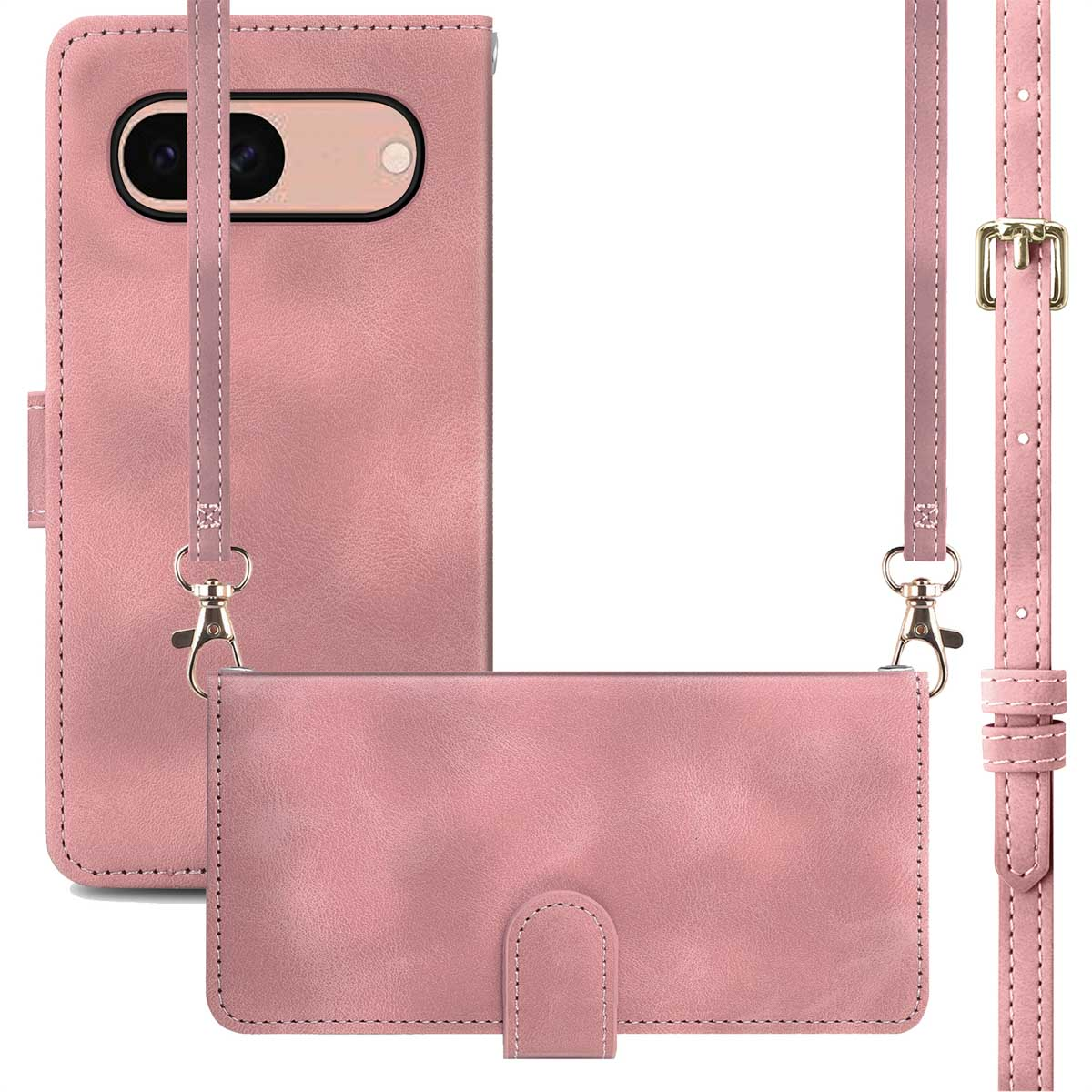 Une coque de téléphone rose avec une sangle assortie et un petit portefeuille. La sangle est amovible.