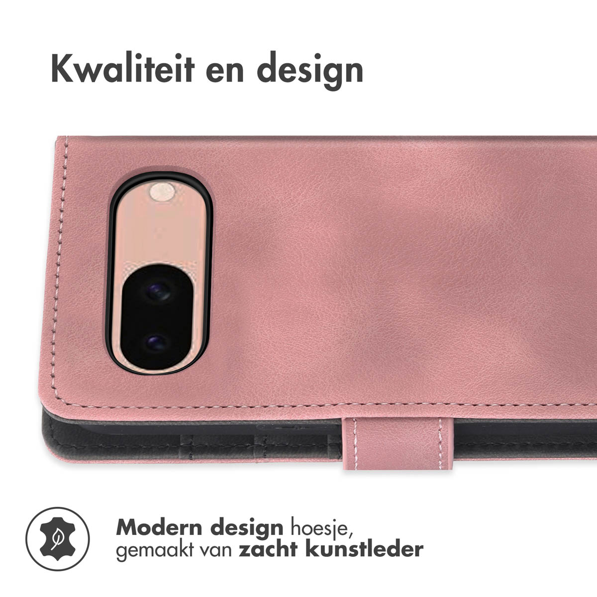 Coque de téléphone rose avec caméra, le texte dit Kwaliteit en design, design moderne.