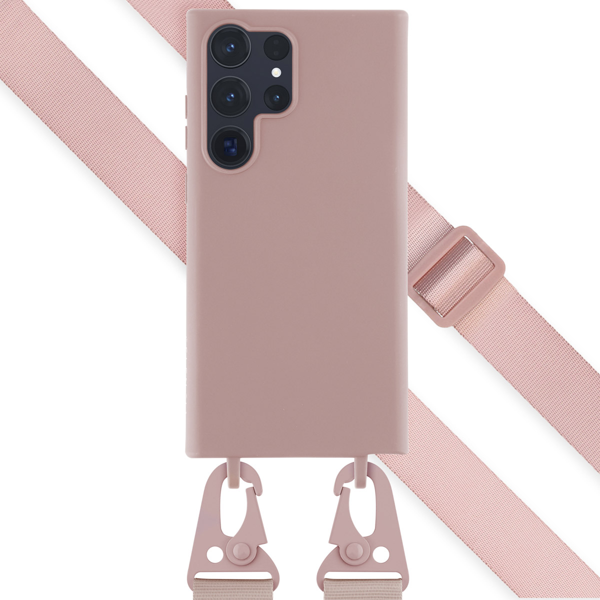 Roze telefoonhoes met een roze riem en roze clips.