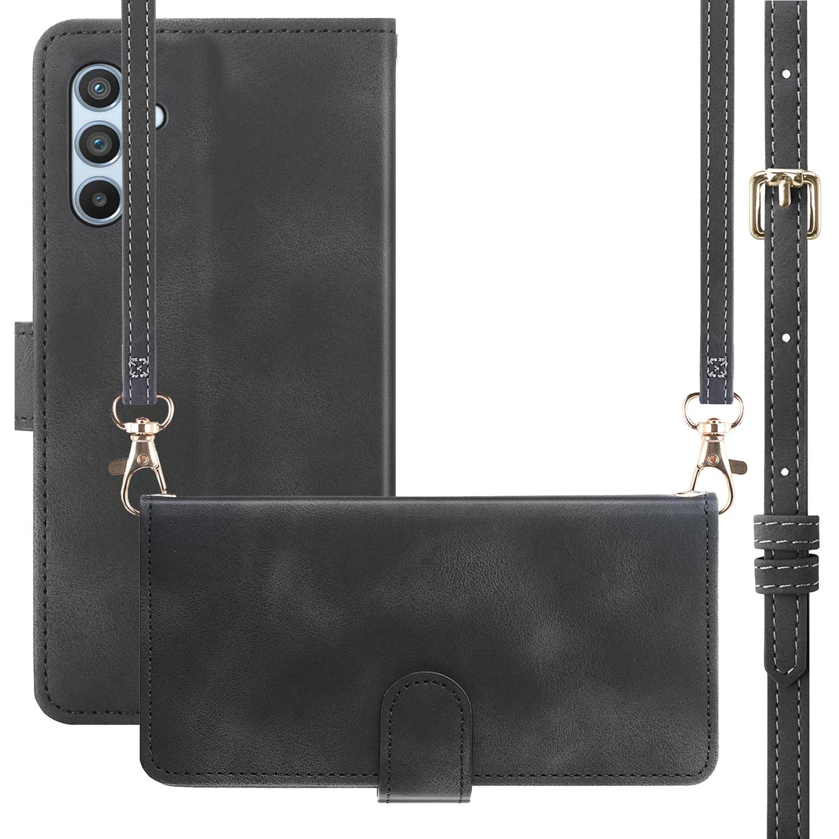 Étui de téléphone noir avec une sangle assortie. L'étui a une fente pour carte et un rabat magnétique.