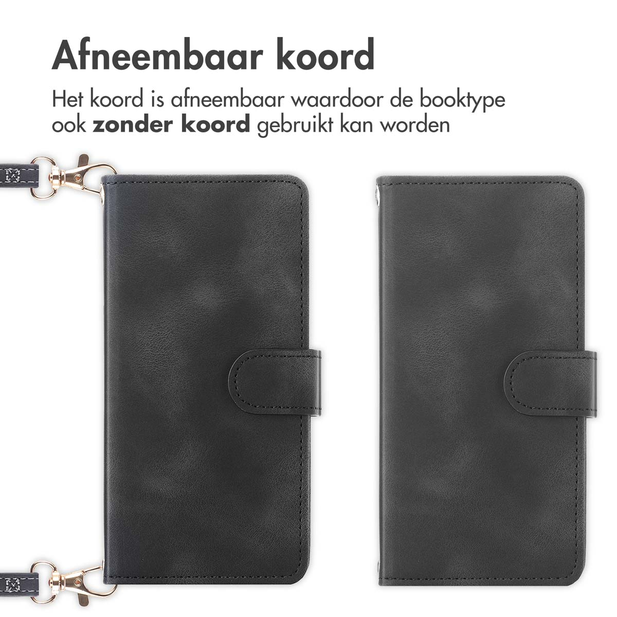 Deux étuis noirs pour téléphone, un avec une sangle, sur fond blanc.