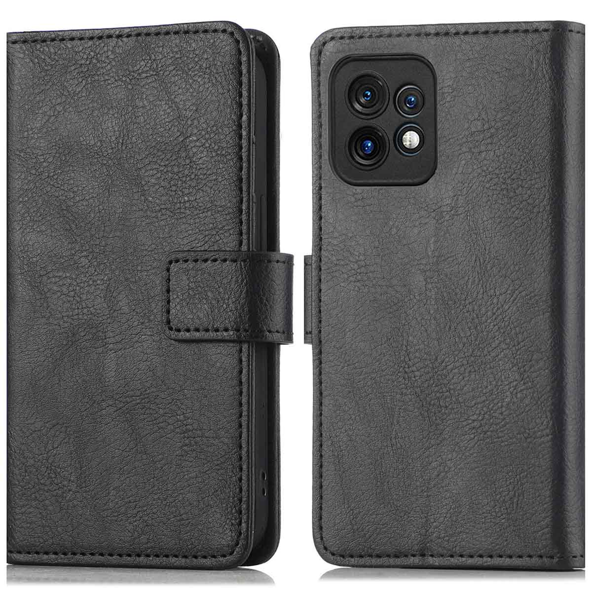 Een zwarte telefoonhoes, open, met de achterkant van de telefoon. Het is een leren hoesje.