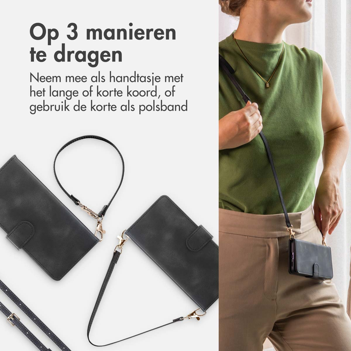 Femme avec étui de téléphone noir sur une sangle. Étuis et sangles noirs. Texte: 3 façons de porter.