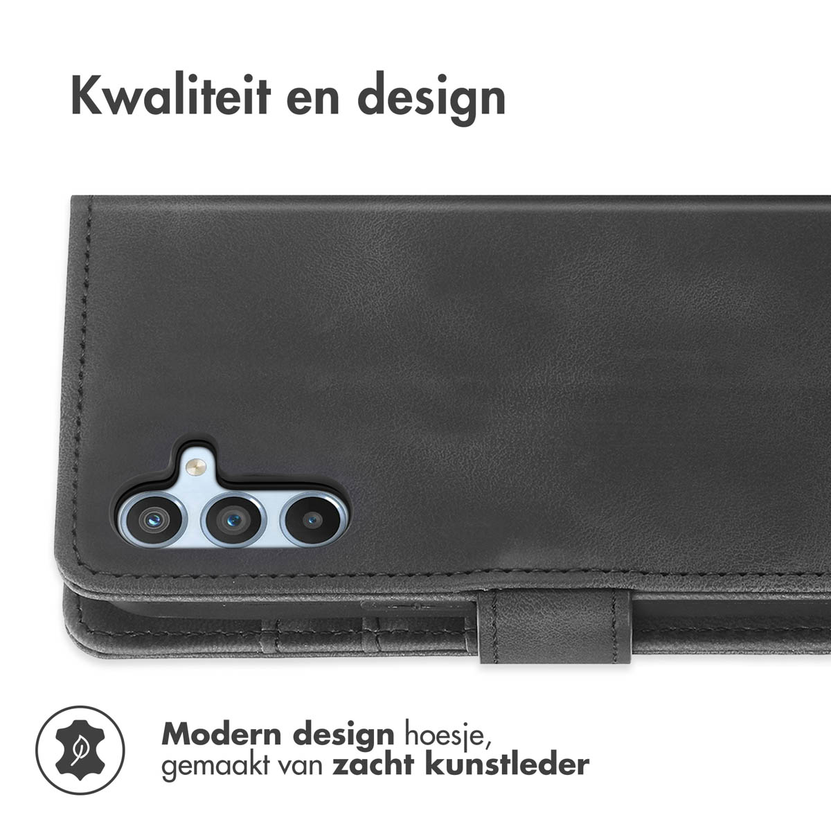 Coque de téléphone noire avec caméra, le texte dit Kwaliteit en design, design moderne.