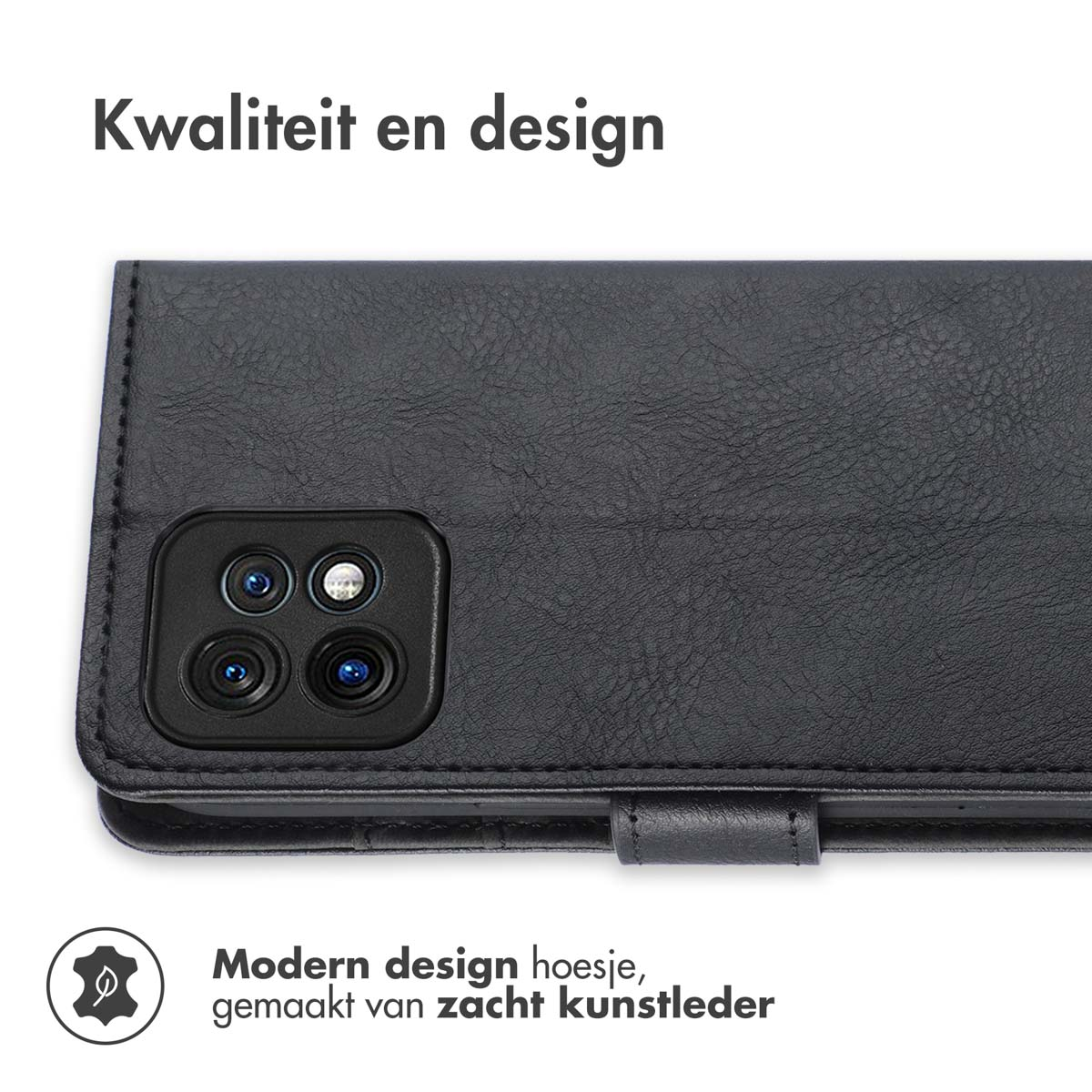 Zwarte telefoonhoes met een leerachtige textuur, met camera's op de achterkant.