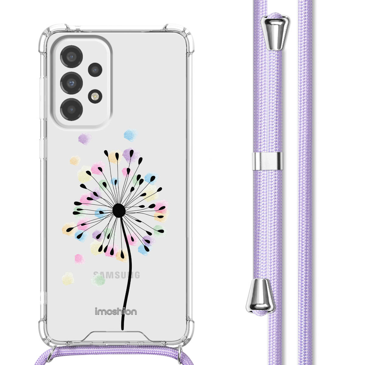 Coque transparente avec un motif de pissenlit coloré et une lanière violette.