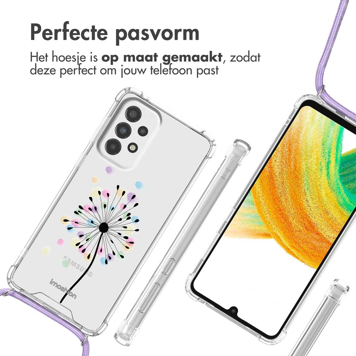 Coque de téléphone transparente avec un motif de pissenlit. Un téléphone est à l'intérieur.