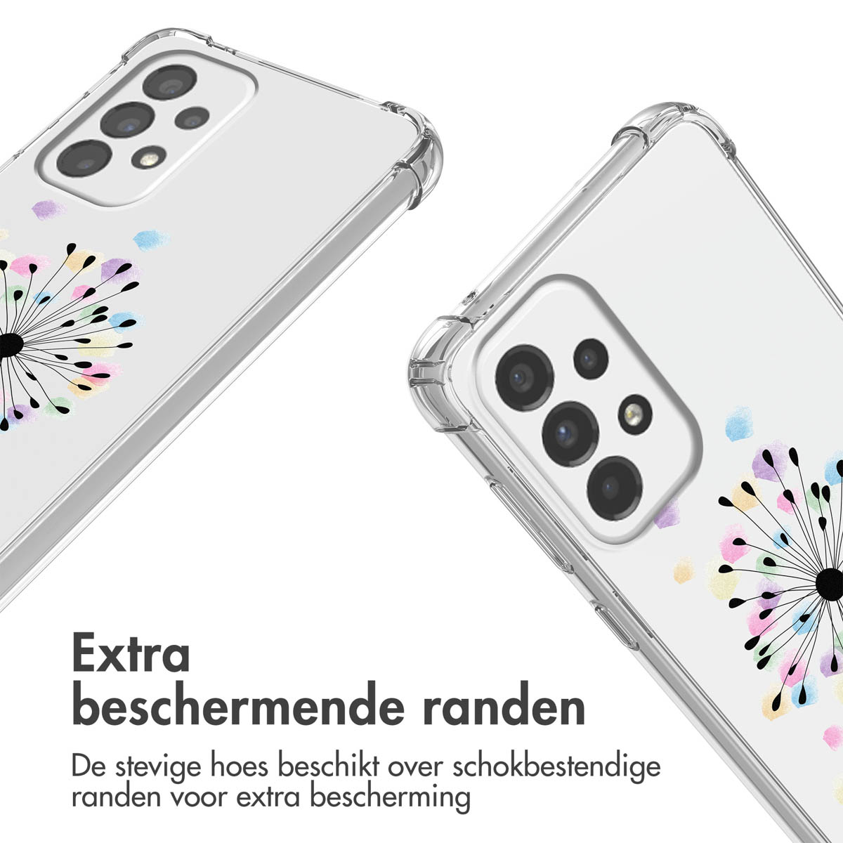 Coque transparente avec motif pissenlit, montrant les détails.