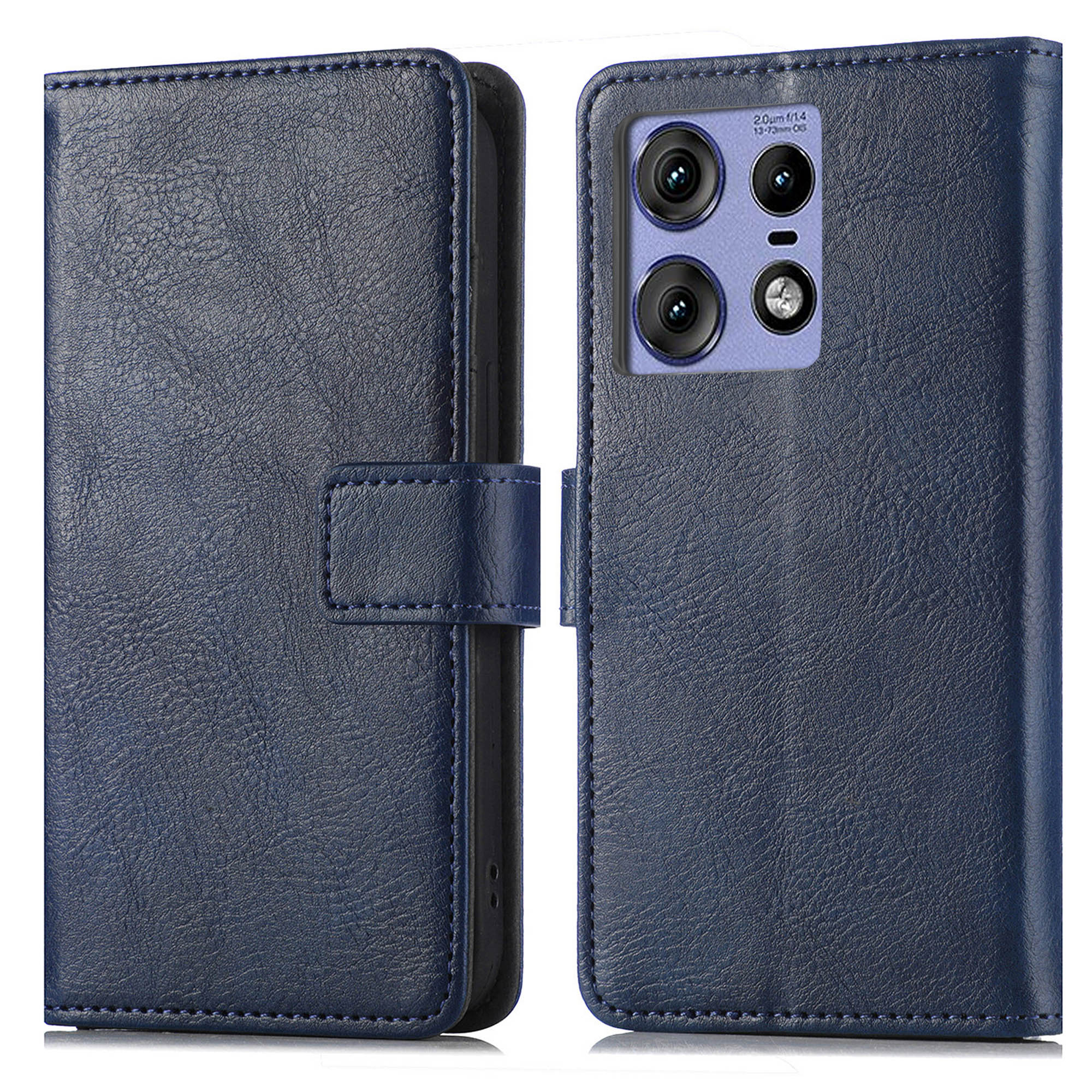 Coque de téléphone bleue, le téléphone a plusieurs caméras. L'étui est de style portefeuille.