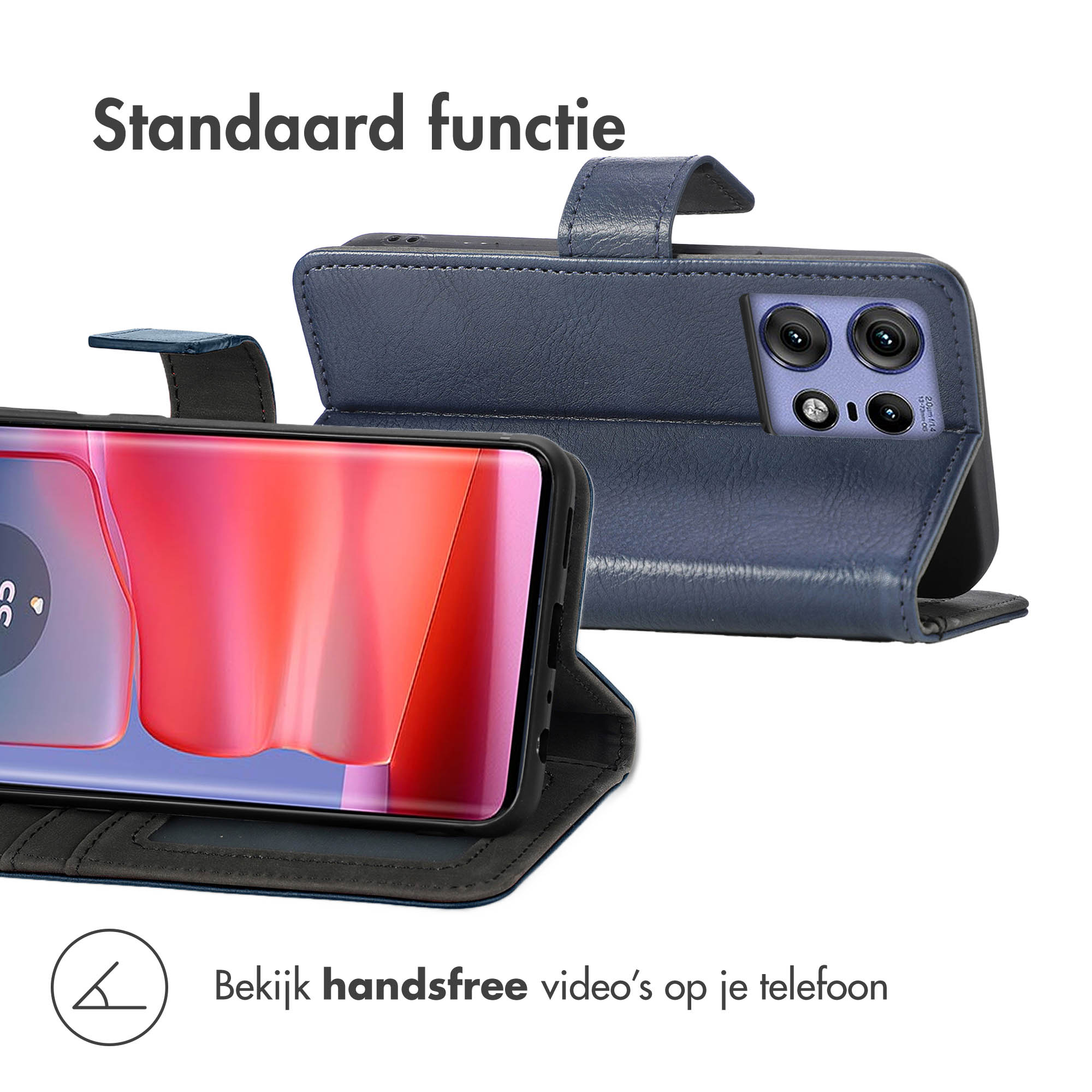 Coque ouverte avec un téléphone à l'intérieur. L'écran affiche un fond rouge. Le téléphone est bleu.