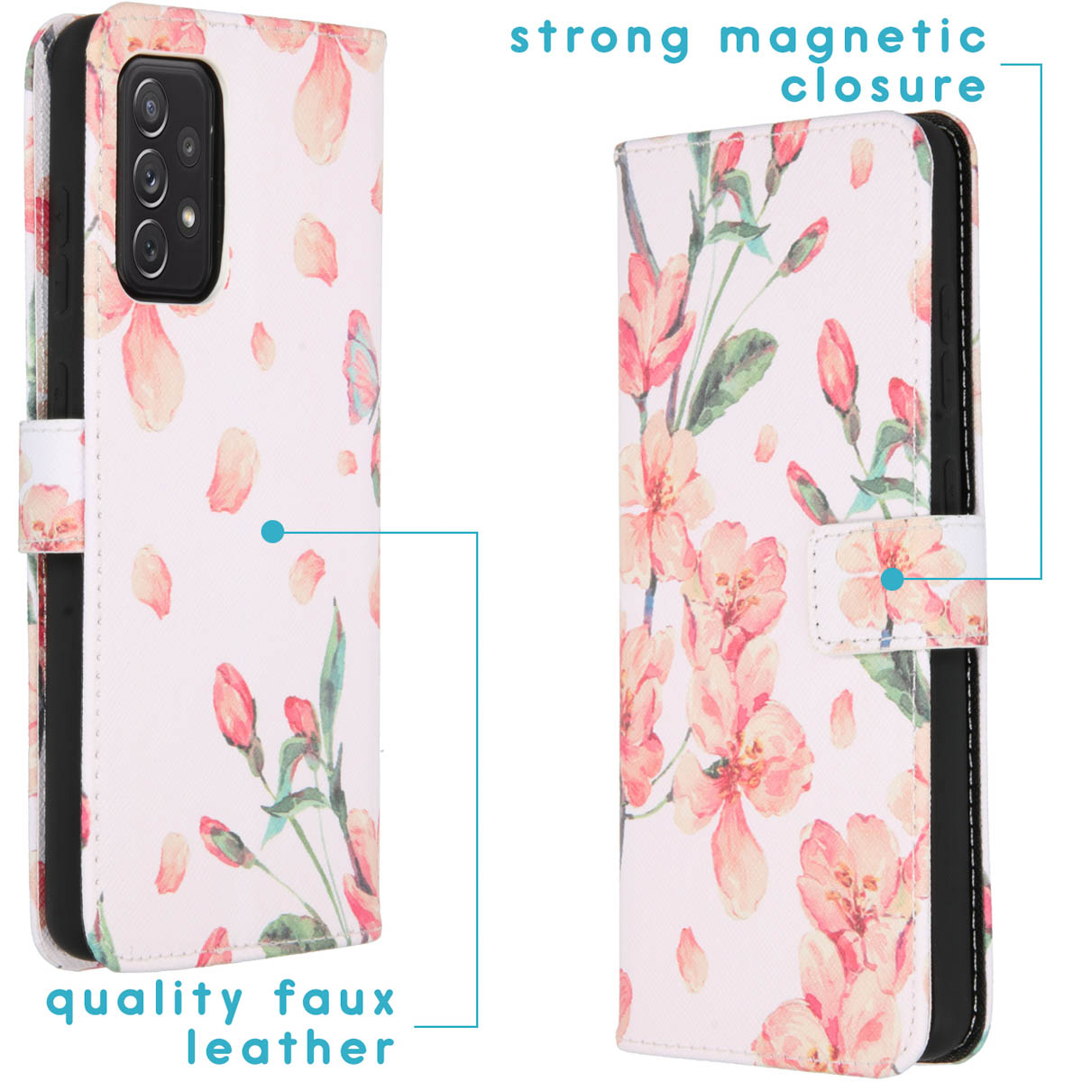 Coque florale, vue arrière et latérale avec fermeture magnétique.