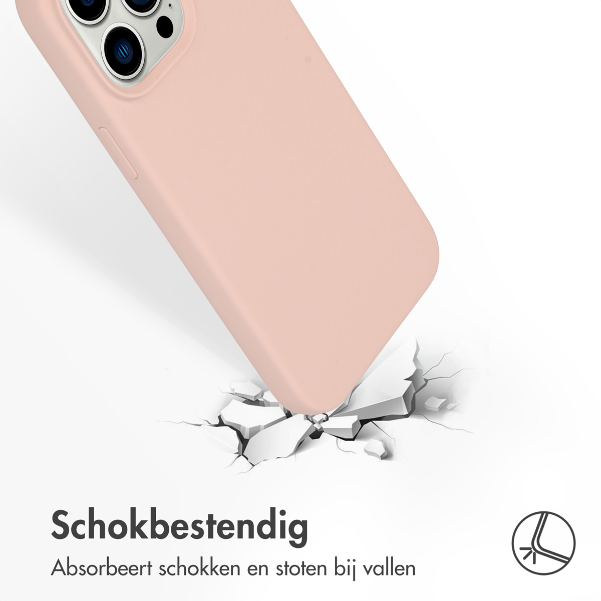 Een roze telefoonhoesje dat valt en beton breekt. Witte achtergrond.