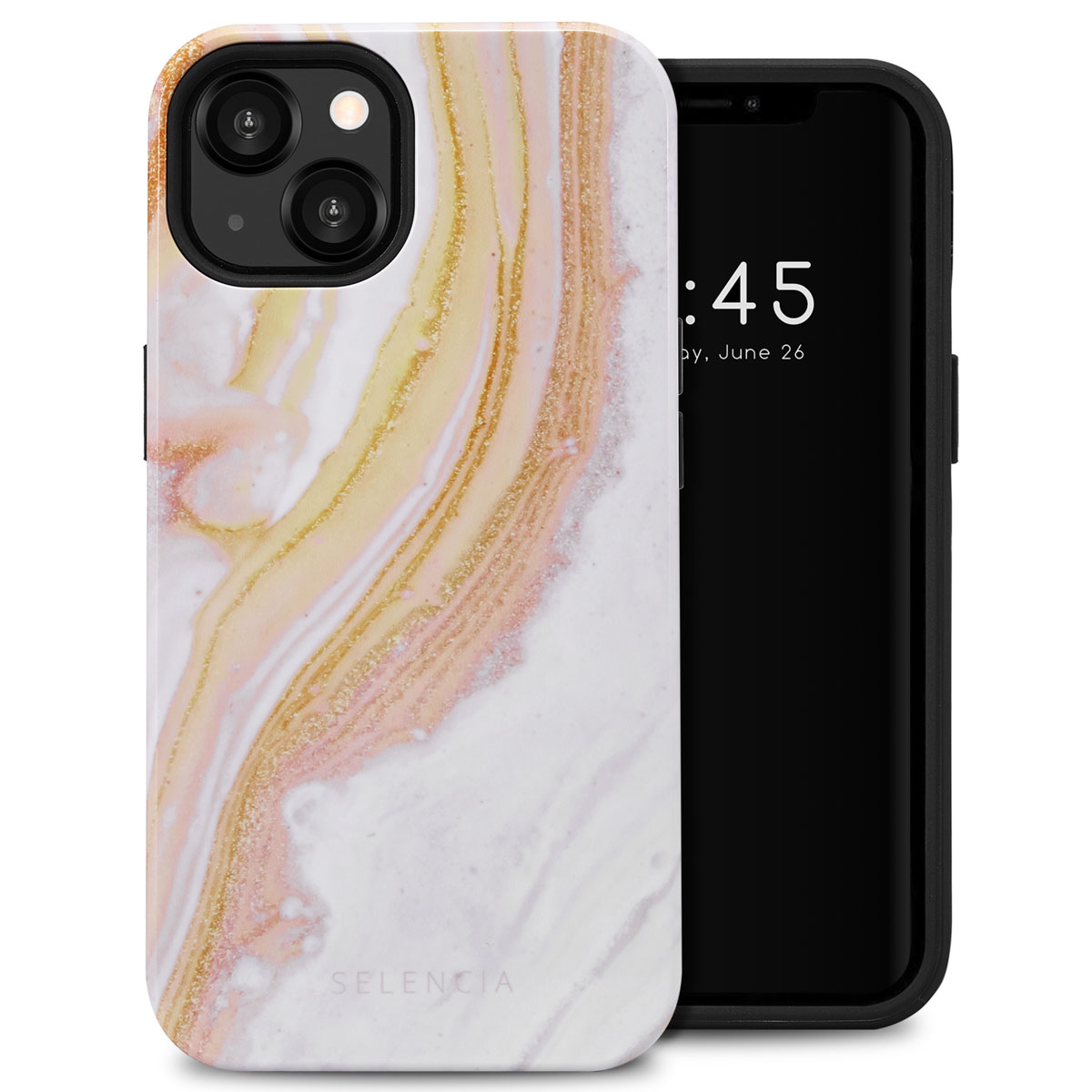 Coque de téléphone en marbre avec un téléphone à l'intérieur. Le téléphone est à droite, l'étui à gauche.