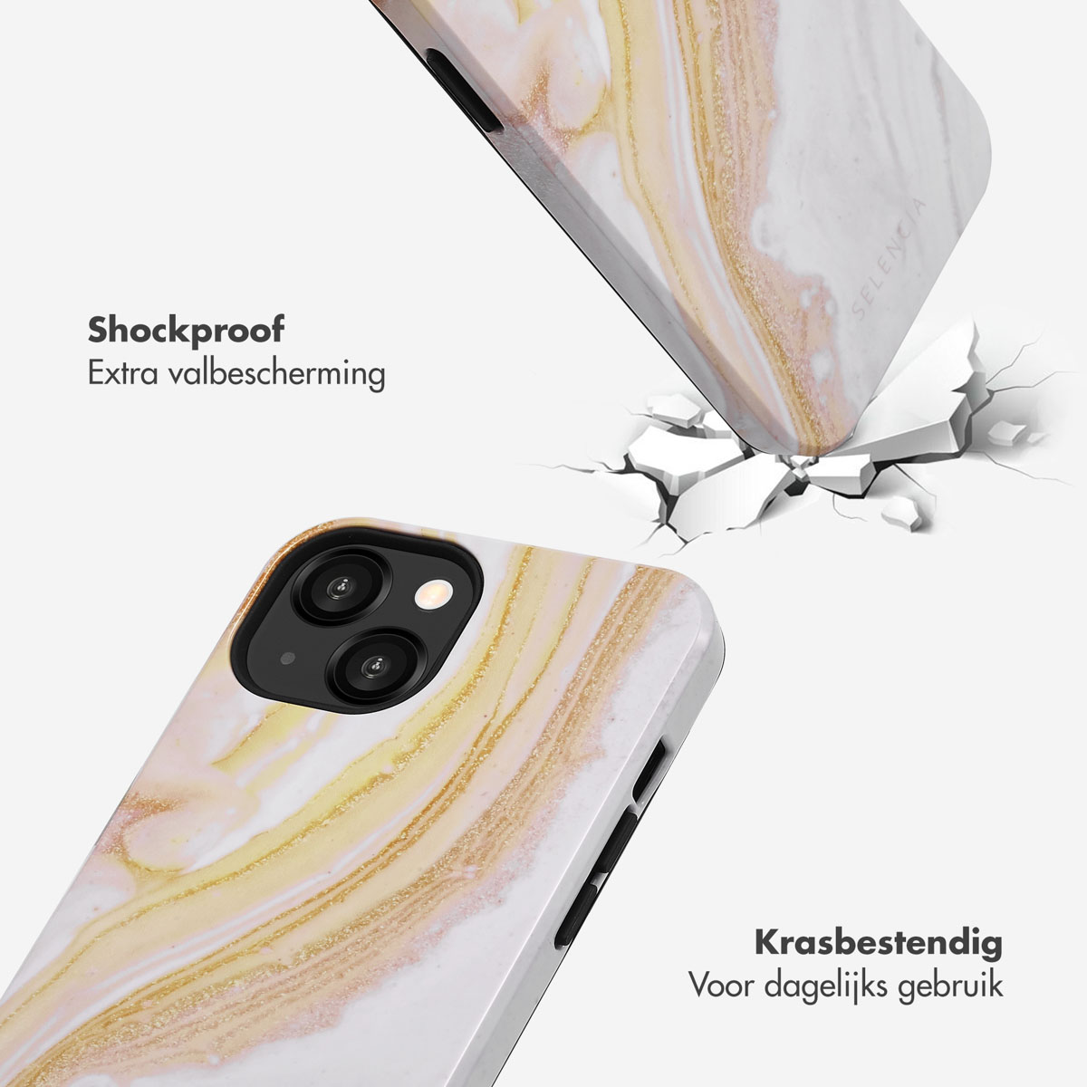 Deux coques de téléphone, une se brisant. Une coque est en marbre blanc/or. Texte : Antichoc, résistant aux rayures.