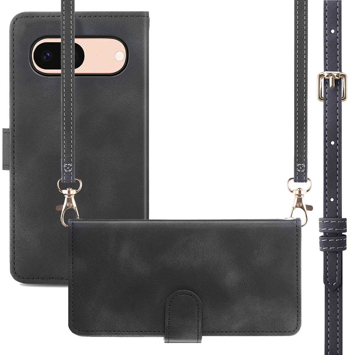 Étui de téléphone en cuir noir avec sangle détachable. L'étui est fermé et possède une boucle dorée.