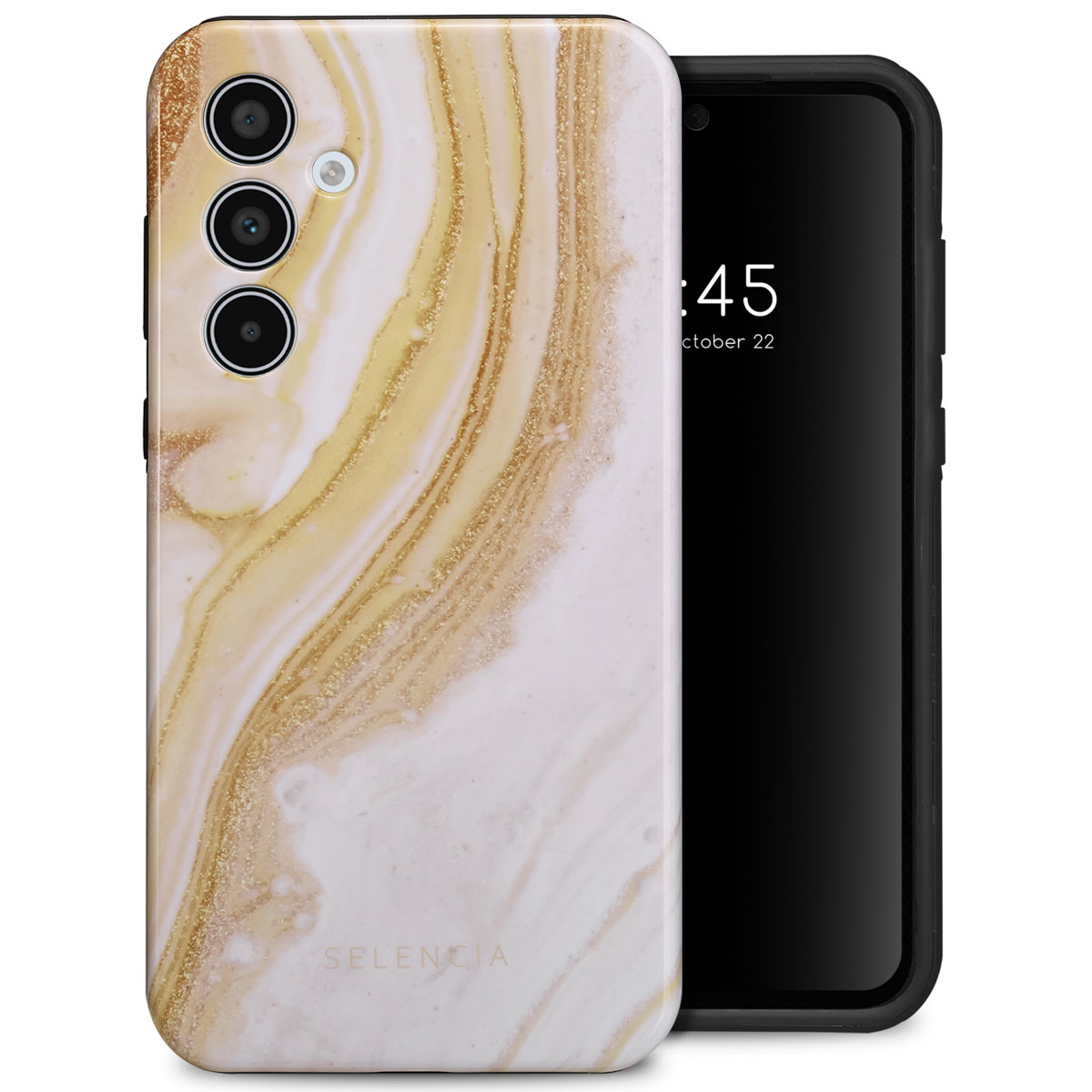 Coque de téléphone à motif marbré avec téléphone. Design or et blanc. Téléphone noir. Fond blanc.